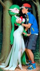1boy 1girls after_kiss ai_generated ash_ketchum clothed cwello female forest gardevoir grabbing_breasts handjob humanoid male pokemon pokephilia standing