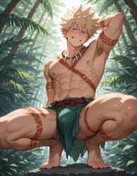 1boy abs ai_generated armpit_hair bakugou_katsuki boku_no_hero_academia bsky_link bulge caveman dvxxxgrai feet gay illustrious_(stable_diffusion) ineffective_clothing jungle jungle_boy katsuki_bakugou loincloth male male_only muscular_legs my_hero_academia navel nipples nude ooga_booga outdoors pixai pubic_hair smile solo solo_male spread_legs squatting stone_age tagme tribal, tribal_markings tribal_necklace tribal_tattoo, unga_bunga unga_unga wild yaoi