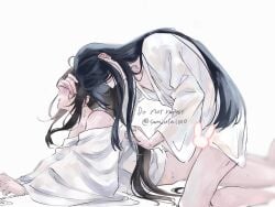 2boys ahoge alternate_costume anal bare_legs bare_shoulders bathrobe black_hair blurry blurry_foreground blush bottomless bound bound_wrists brown_hair censored chinese_clothes closed_eyes clothes_grab covering_another's_eyes hanfu highres kneeling lan_wangji long_hair long_sleeves lying male_focus modao_zushi multiple_boys naked_robe novelty_censor off_shoulder on_stomach open_mouth ponytail prone_bone robe semiusa1010 sex sex_from_behind sidelocks simple_background sweat tongue twitter_username wei_wuxian white_background white_robe wide_sleeves yaoi
