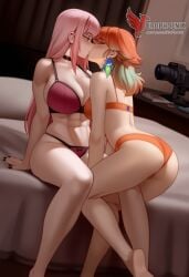 2d 2girls abs ai_generated all_fours ass barefoot big_ass big_breasts bra completely erophoenix feet female female_focus hololive hololive_english hololive_myth jewelry kissing kissing kneeling large_breasts long_hair mori_calliope multiple_girls naked nipples nude orange_hair pale_skinned_female panties patreon_username pink_eyes pink_hair pussy side_braid soles sweat sweating takanashi_kiara take_your_pick thick_thighs thighs toes underwear virtual_youtuber yuri yuri