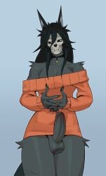1futa 1girls anthro balls black_body black_fur black_hair bone bottomless canid canine choker clothed clothed_anthro clothing female fur furry genitals hair hi_res jewelry mal0 malo necklace penis pubic_stubble pulred scp-1471 scp-1471-a scp_foundation skull skull_head standing sweater sweater_only topwear topwear_only vulva wolf wolf_girl