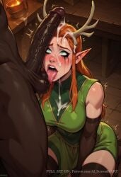 1boy 1girls 2d ai_generated ai_sensuality antlers blush cock_worship critical_role critical_role:_vox_machina cum cum_on_face cum_on_hair cum_on_tongue dark-skinned_male druid drunk facial female freckles green_eyes imminent_sex interracial intoxicated keyleth large_penis light-skinned_female male muscular muscular_male red_hair the_legend_of_vox_machina tongue_out