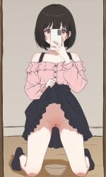 bar_censor black_hair black_skirt black_socks blouse cellphone censored facing_viewer female highres holding holding_phone jirai_kei kneeling off-shoulder_shirt off_shoulder osanai_yuki phone pink_eyes pink_shirt pussy salacia014 shirt shirt_tucked_in short_hair shoushimin_series skirt socks solo