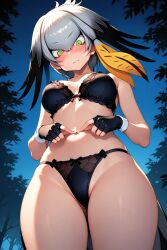 1girl ai_generated bird_girl bird_tail black_bra black_gloves blush bra breasts closed_mouth dark_sky embarrassed embarrassed_female embarrassed_nude_female eyelashes female female_focus female_only fingerless_gloves grey_hair hair_between_eyes head_wings kemono_friends looking_down medium_breasts monster_girl mr.mawile night orange_hair outdoors shoebill_(kemono_friends) solo standing tail thong twiddling_fingers wavy_mouth wide_hips