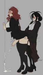 2futas asahi_(gyarusatan) black_hair blush closed_eyes clothed_sex clothing cum cum_on_ground cum_on_wall cumming_while_penetrating cumshot ejaculation_while_penetrated from_behind fucked_from_behind futa_on_futa futa_only futanari grey_background gyarusatan handsfree_ejaculation heavy_blush heels hi_res leaning_forward momo_(gyarusatan) narrowed_eyes penis penis_out red_hair sex sex_from_behind skirt_lift standing standing_sex stockings thick_thighs tied_hair