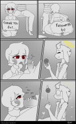 asriel_dreemurr blowjob chara fellatio female female_chara glazed_(artist) pussy surprised surprised_expression unaware under_the_table undertale