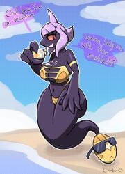 after_transformation beach bikini bikini_bottom bikini_top black_skin chabble dialogue ghost ghost_girl ghost_tail gold_jewelry gold_mask inviting lavander_hair no_legs oc original_character pokemon pokemon_(species) post_transformation red_eyes sunblock sunglasses sunglasses_on_face text text_bubble white_mouth yamask