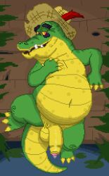 3_toes 4_fingers alligator alligatorid anthro balls belly big_belly bodily_fluids clothing crocodilian digital_media_(artwork) eye_bags eyebrows feet fingers five_nights_at_freddy's five_nights_at_freddy's:_secret_of_the_mimic foreskin genital_fluids genitals hat headgear headwear hi_res humanoid jugband_monty_(fnaf) looking_at_viewer lying male markings montgomery_gator_(fnaf) myuger navel nude on_back overweight overweight_anthro overweight_male penis pixel_(artwork) precum red_eyes reptile scalie scottgames slightly_chubby smile smiling_at_viewer solo spots spotted_body swamp tail thick_eyebrows toes uncircumcised