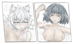 1boy 1futa big_breasts blush collar cute_male dialogue eyelashes futa_on_male futanari jane_doe_(zenless_zone_zero) naked orgasm_face seth_lowell simple_background sucking teasing zenless_zone_zero