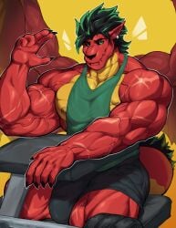 absurd_res aged_up american_dragon:_jake_long anthro barazoku biceps big_bulge big_muscles big_pecs black_hair black_sclera bottomwear bulge clothing deltoids detailed_bulge disney dragon ear_piercing ear_ring genital_outline green_eyes green_hair hair hi_res highlights_(coloring) huge_muscles jake_long looking_at_viewer male membrane_(anatomy) membranous_wings mixterart muscular muscular_anthro muscular_male mythological_creature mythological_scalie mythology nipples pecs penis_outline piercing red_body red_scales ring_piercing scales scalie scar shirt shorts sitting solo tank_top topwear trapezius vein veiny_arms veiny_muscles weight_machine wings