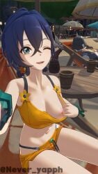 1boy 1girls 3d 3d_(artwork) alternate_costume beach belle_(zenless_zone_zero) blue_hair brother_and_sister bucket_hat collarbone dark_blue_hair green_eyes hair_between_eyes highres light-skinned_female light-skinned_male light_skin medium_breasts navel never_yapph nipple_peek official_alternate_costume one_breast_out one_eye_closed open_mouth peeking_nipple selfie short_hair shorts sitting sleeping swimwear twintails twitter_username wink wise_(zenless_zone_zero) zenless_zone_zero