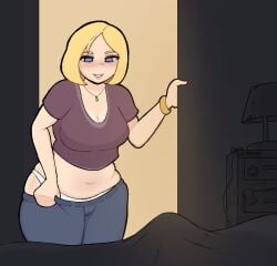 1girls bedroom before_sex belly belly_button blonde_hair blue_eyes blush boner bracelet breasts cleavage cuff erect_penis erection erection_under_blanket female female_focus hips imminent_sex jeans light-skinned_female light_skin mature_female milf necklace panties pussy_visible_through_clothes sleeping tummy underwear undressing uniimom waist white_panties