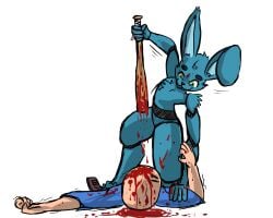 5:4 ambiguous_gender animatronic anthro bat_(object) blood blood_on_face blood_on_weapon blue_body blue_fur bluescreened bodily_fluids crazy_eyes digital_media_(artwork) duo dying eyebrows eyelashes five_nights_at_freddy's five_nights_at_freddy's_2 fur gore green_eyes holding_bat holding_object human imminent_death imminent_impalement insane killing kneeling lagomorph leporid looking_at_another looking_down machine male male_death mammal motion_lines on_one_knee rabbit restrained robot scottgames shaking smile toy_bonnie_(fnaf) trembling weapon
