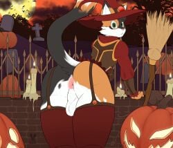 anthro anus ass backsack balls bat bent_over big_butt black_body black_fur black_hair blouse book bottomwear broom calico_cat candle candle_wax candlestick cemetery cleaning_tool clothing cloud cutefckngbunny domestic_cat exhibitionism felid feline felis femboy fire food fruit fur garter_belt garter_straps genitals green_eyes hair halloween hand_on_wall hat headgear headwear hi_res holidays hunter_(hhdrawer) inviting jack-o'-lantern leather leather_clothing leather_topwear leather_vest legwear lit_candle looking_at_viewer looking_back magic_user male mammal moon orange_body orange_fur orange_sky outside plant public public_nudity pumpkin raised_tail skirt sky solo surprised_expression tail thick_thighs thigh_highs tombstone topwear tree vest wall_(structure) witch witch_costume witch_hat