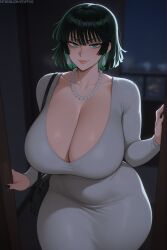 1girls ai_generated breasts dress female fubuki_(one-punch_man) green_eyes green_hair hi_res huge_breasts light-skinned_female light_skin one-punch_man stuffyai