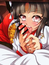 1boy admiral_(kantai_collection) black_hair blouse blush censored dress_shirt female hair_ribbon hiyou_(kantai_collection) kantai_collection kneeling kumichou_(nakasato-gumi) long_hair long_sleeves looking_at_viewer penis pov red_skirt ribbon shirt skirt straight tassel tongue tongue_out under_the_table veins veiny_penis