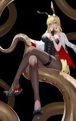 absurdres animal_ear_hairband animal_ears azur_lane black_background black_leotard black_pantyhose black_shoes blonde_hair blue_eyes bow bowtie breasts cleavage coat commentary_request crossed_legs cum cum_in_footwear cum_on_clothes detached_collar fake_animal_ears female finger_to_mouth gloves hairband half_gloves high_heels highleg highleg_leotard highres index_finger_raised large_breasts leotard long_hair looking_at_viewer north_carolina_(azur_lane) pantyhose playboy_bunny rabbit_ear_hairband rabbit_ears shoes sitting solo strapless strapless_leotard white_coat white_wrist_cuffs wrist_cuffs wsfw