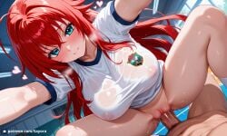 1boy 1girls ai_art ai_generated big_breasts big_penis blue_eyes blush cock dick fanart gym gym_uniform heavy_breathing high_school_dxd looking_at_viewer loving_aura patreon pussy pussy_juice red_hair rias_gremory sayora sex sexy sweat