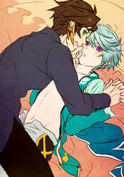 2boys blush femboy gay girly looking_at_viewer lying male_only mikleo_(tales) multiple_boys smile sorey_(tales) straddling tagme tales_of_(series) tales_of_zestiria teeth undressing yaoi