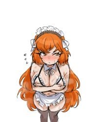 1girls big_breasts blush cat___nip covering_breasts embarrassed freckles ishmael_(limbus_company) limbus_company long_hair maid maid_uniform orange_eyes orange_hair partially_clothed presenting project_moon ribbon solo standing sweat thick_thighs