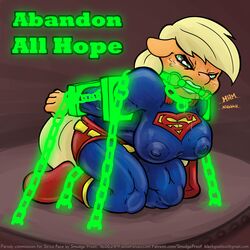 abandon_all_hope angry anthro anthrofied applejack_(mlp) bondage bound bridle chains cosplay crossover dc depowered drooling friendship_is_magic gag kryptonite looking_at_viewer my_little_pony nipples pokies saliva smooth_skin smudge_proof superman supermare