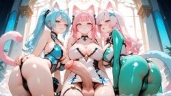 3girls ai_art ai_generated animal_ears blue_hair cat_ears cat_girl cat_tail catgirl dickgirl futanari futanari koneko konekofuta large_breasts large_penis pink_hair skin_suit_(stellar_blade) stellar_blade two_tone_hair two_tone_hair_(blueandpink)