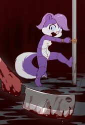 3_toes absurd_res ailurid animal_butchery_diagram anthro ass blood blood_on_hand bodily_fluids bound butt_from_the_front cleaver duo e254e feet female fifi_la_fume fluffy fluffy_tail fur genitals helpless hi_res horror_(theme) imminent_death imminent_vore lin_(e254e) mammal mephitid navel nipples nude pink_nose plantigrade pole purple_body purple_fur red_panda ryona scared screaming skunk struggling tail tears tiny_toon_adventures toes vulva warner_brothers