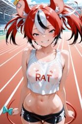 ai_generated arbitrary blue_eyes grin hakos_baelz hololive hololive_english hololive_english_-council- lowleg multicolored_hair nipples_visible_through_clothing sharp_teeth sportswear sweat twintails vtuber