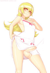 1futa apron bakemonogatari balls blonde_hair blush cum cumshot ejaculation erection eyeliner futa_only futanari futanari_vampire handsfree_ejaculation intersex long_hair looking_at_viewer monogatari_(series) necrosmos oshino_shinobu penis penis_under_apron solo testicles