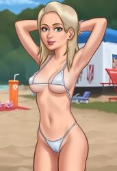 1girls 2d 2d_(artwork) ai_generated arms_above_head bikini bikini_bottom bikini_top blonde_hair bra breasts cameltoe civitai daeisi digital_drawing_(artwork) female female_focus female_only light-skinned_female light_skin medium_breasts panties pussy pussy_lips pussy_peek sara_(summertime_saga) showing_off sideboob summertime_saga vagina