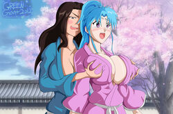 2012 2girls big_breasts botan breast_grab breasts cana_alberona crossover fairy_tail female female_only greengiant2012 groping yu_yu_hakusho yuri