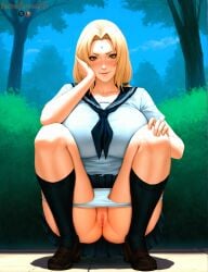 1girl ai_generated arm_support astralarouseai bangs black_clothes black_socks blonde_hair blue_neckerchief blue_sailor_collar blue_skirt blue_sky blush breasts brown_eyes brown_footwear closed_mouth clothes_pull clothing collarbone day facial_mark female female_only footwear forehead_mark forest hand_on_own_cheek hand_on_own_face hand_on_own_knee huge_breasts kneehighs large_breasts legwear lips loafers long_hair looking_at_viewer mature_female naruto naruto_shippuden nature neckerchief outdoors panties pantsu panty_pull pleated_skirt pussy sailor_collar school_uniform serafuku shirt shoes sitting skirt skirt_lift sky smile socks solo spread_legs squatting thick_thighs thighs tree tsunade twintails underwear uniform vagina white_panties white_shirt