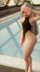 3d black_swimsuit blue_eyes bulge_through_clothing bulge_under_clothes femboy feminine_male gay long_hair looking_at_viewer male_only nier nier:_automata penis pool self_upload swimsuit that_pool visible_penis white_hair yaoi yorha_9s zeleous
