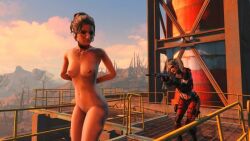 2girls 3d arms_behind_back blonde_hair clothed_female_nude_female completely_nude completely_nude_female eyepatch fallout_4 female females_only game_screenshot gun nude nude_female nude_mod original_character slave-hunter311 weapon