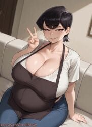 1girls ai_generated amaimuse apron big_ass big_breasts black_hair cheating cheating_wife cleavage curvaceous curvy female female_only heart huge_ass huge_breasts jeans komi-san_wa_komyushou_desu komi_shuuko large_ass large_breasts light-skinned_female light_skin looking_at_viewer mature_female milf pregnant pregnant_female short_hair sitting smile smirk smirking smirking_at_viewer t-shirt thick_thighs v v_sign voluptuous wedding_ring