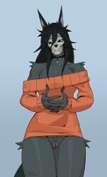 1girls anthro black_body black_fur black_hair bone bottomless canid canine choker clothed clothed_anthro clothing female fur furry genitals hair hi_res jewelry mal0 malo necklace pubic_stubble pulred pussy scp-1471 scp-1471-a scp_foundation skull skull_head sweater sweater_only topwear topwear_only vulva wolf wolf_girl