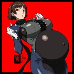 1girls atlus big_belly big_breasts bodysuit breasts brown_hair clothed clothing cowboy_shot female female_only from_below fungus-man gloves light-skinned_female light_skin makoto_niijima medium_hair navel persona persona_5 pregnant red_background red_eyes scarf sega self_upload solo solo_female tagme white_gloves