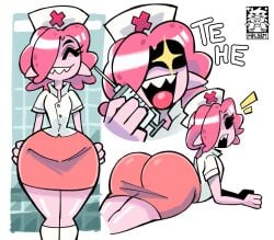 1girls ass big_ass big_butt black_eyes breasts clothed clothed_female clothing female female_only fully_clothed fully_clothed_female kala_(mrpjam) looking_at_viewer mrjpam18 nurse_uniform pink_body pink_hair pink_skin pseudo_hair solo solo_female tight_clothing