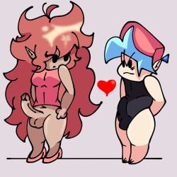 bangs_over_eyes boyfriend_(fnf) confusion cyan_hair friday_night_funkin girlfriend_(fnf) hair hair_highlights hands_behind_back hat heart_symbol heels male penis standing thick_hair thick_thighs tiny_feet toony visible_penis