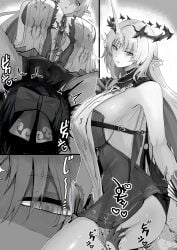2girls 3koma bare_shoulders bow breasts clothed_sex comic cowgirl_position crown_of_thorns crushing dress facesitting female_rover_(wuthering_waves) fleurdelys_(wuthering_waves) gloves grabbing_another's_thighs greyscale hairbow heavy horns huge_breasts monochrome multiple_girls panties parted_bangs parted_lips partially_fingerless_gloves partially_shaded_face pointy_ears rover_(wuthering_waves) short_dress single_horn sitting_on_face sitting_on_person size_difference tabard tacet_mark_(wuthering_waves) tall_female thighs trembling underwear will2012tw wuthering_waves yuri