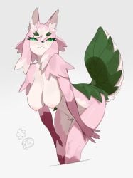 1girls 2025 5_fingers anthro areola areolae bent_over blush breasts canid canine claws countershade_torso countershading digital_media_(artwork) female female_only finger_claws fingers fox front_view fur furry green_eyes hair hanging_breasts hi_res inner_ear_fluff kame_3 mammal navel nipples nude nude_anthro nude_female pink_body pink_fur pink_hair simple_background solo standing tail tuft