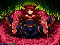 ai_generated alextraza armor armored_female barefoot blizzard_entertainment feet foot_fetish foot_focus gigatsu horns pixel_art slime slime_(substance) sole_female soles spread_legs toes world_of_warcraft