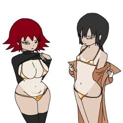 big_breasts brown_eyes flashing flat_chest golden_bikini history_teacher_(lowgradef) lifting_shirt original_art original_artwork original_character partially_clothed redhair tanline