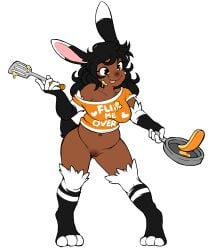 2023 animal_humanoid black_hair breasts clothing cooking dani_(sutagaki) darkened_vulva digital_media_(artwork) female food genitals hair heart_eyes heart_symbol hi_res holding_object holding_pan holding_spatula holding_tool humanoid lagomorph lagomorph_humanoid leporid_humanoid mammal mammal_humanoid navel pancake pussy rabbit_humanoid shirt simple_background slightly_chubby smile solo spatula standing sutagaki tail tongue tongue_out tools topwear vulva white_background
