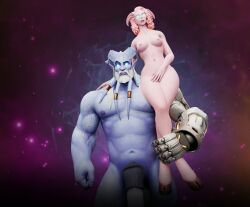 1boy 1girls 3d blizzard_entertainment blue_skin draenei female lidcarter male nude original_character pink_hair pink_skin pinup warcraft world_of_warcraft zefia
