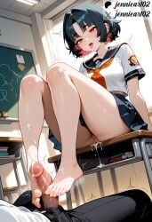 1boy ai_generated anus arm_support ashikoki ass bangs bare_legs barefoot belt black_hair black_pants black_sailor_collar blue_skirt blunt_bangs blush breasts chair chalkboard classroom clothes_lift clothes_pull clothing colored_inner_hair crop_top cum cum_on_feet curtains day desk ear_piercing earrings ejaculation erection feet female female footjob genital_fluids hair_intakes hair_ornament indoors jane_doe_(zenless_zone_zero) jennieart02 jewelry legs light-skinned_female light_particles male miniskirt multicolored_hair nakadashi neckerchief neckwear no_panties nopan nude on_desk open_mouth orange_eyes original pants parted_bangs patreon patreon_logo patreon_username penis piercing pleated_skirt pussy rat_girl red_eyes red_hair red_neckerchief sailor_collar saliva school_chair school_desk school_uniform semen serafuku sex shirt short_hair short_sleeves sitting sitting_on_desk skirt skirt_lift skirt_pull smile soles solo_focus spread_legs straight sunlight sweat testicles thighs toenails toes tongue tongue_out tongue_piercing trembling twitter twitter_username two-footed_footjob two-tone_hair uniform vagina watermark white_shirt window zenless_zone_zero