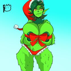 arms_behind_back bow breasts christmas female gradient gradient_background green_hair green_skin hat huge_breasts long_hair looking_at_viewer makeup monster_girl naked_ribbon pointy_ears red_eyes ribbon ribbon_bondage santa_hat smile solo standing