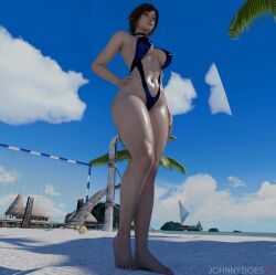 3d 3d_(artwork) 3d_model beach beach_background blind_eye blue_bikini brown_hair curvy curvy_ass curvy_female curvy_figure feet female foot_fetish hand_on_hip johnnydoes3d kazama_asuka nails_painted pose short_hair sling_bikini smile smiley_face sweating swimsuit tekken tekken_8 thick thick_ass thick_butt thick_hips thick_legs thick_thighs toenail_polish