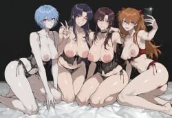 4girls aged_up ai_generated asuka_langley_sohryu breasts_out huge_ass huge_breasts kizirugai large_areolae large_breasts looking_at_another looking_at_viewer mari_illustrious_makinami mature_female medium_breasts milf misato_katsuragi neon_genesis_evangelion on_bed posing rei_ayanami revealing_clothes sagging_breasts selfie tagme thick_thighs v_sign wide_hips