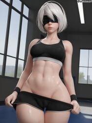 1girls 3d abs ai_generated aroused belly belly_button blindfold breasts cameltoe female female_focus female_only gym gym_uniform headband indoors light-skinned_female light_skin naughty navel nier:_automata pulling pulling_clothing pulling_down_pants pulling_panties see-through sexy sexy_pose siskissart solo sports_bra sports_shorts sports_uniform sportswear standing undressing white_hair yorha_2b
